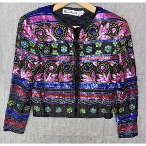 Vintage Scala Beaded Sequined Multicolored Lined Silk Jacket Sz S